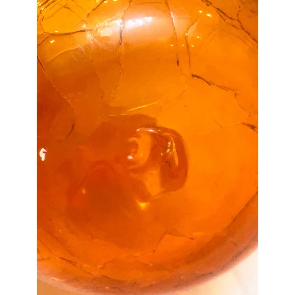 Vintage Amber Crackle Glass Vase Ruffled Rim Mid Century Art Glass 7 Inch